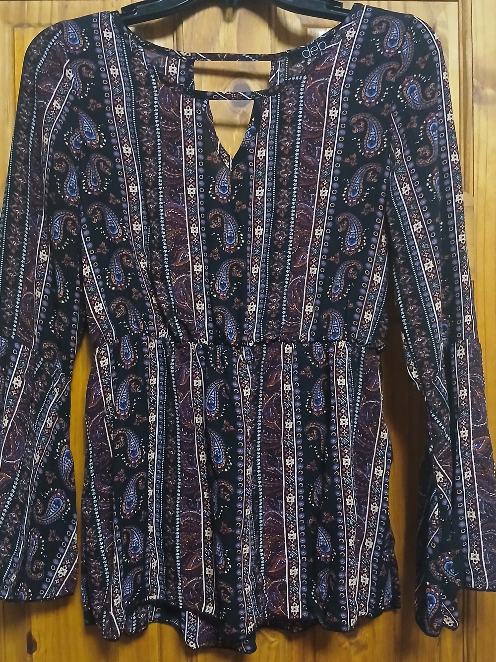Deb Paisley Peasant Top in Black and Burgundy